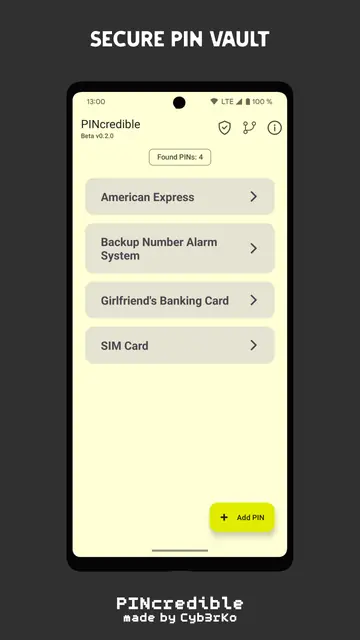 Screenshot 1 von PINcredible - Secure PIN vault